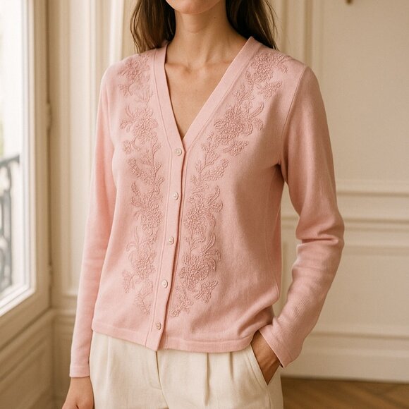 Bob Mackie Pink Floral Embroidered Beaded Button Long Sleeve Wool Blend Cardigan - Picture 1 of 8